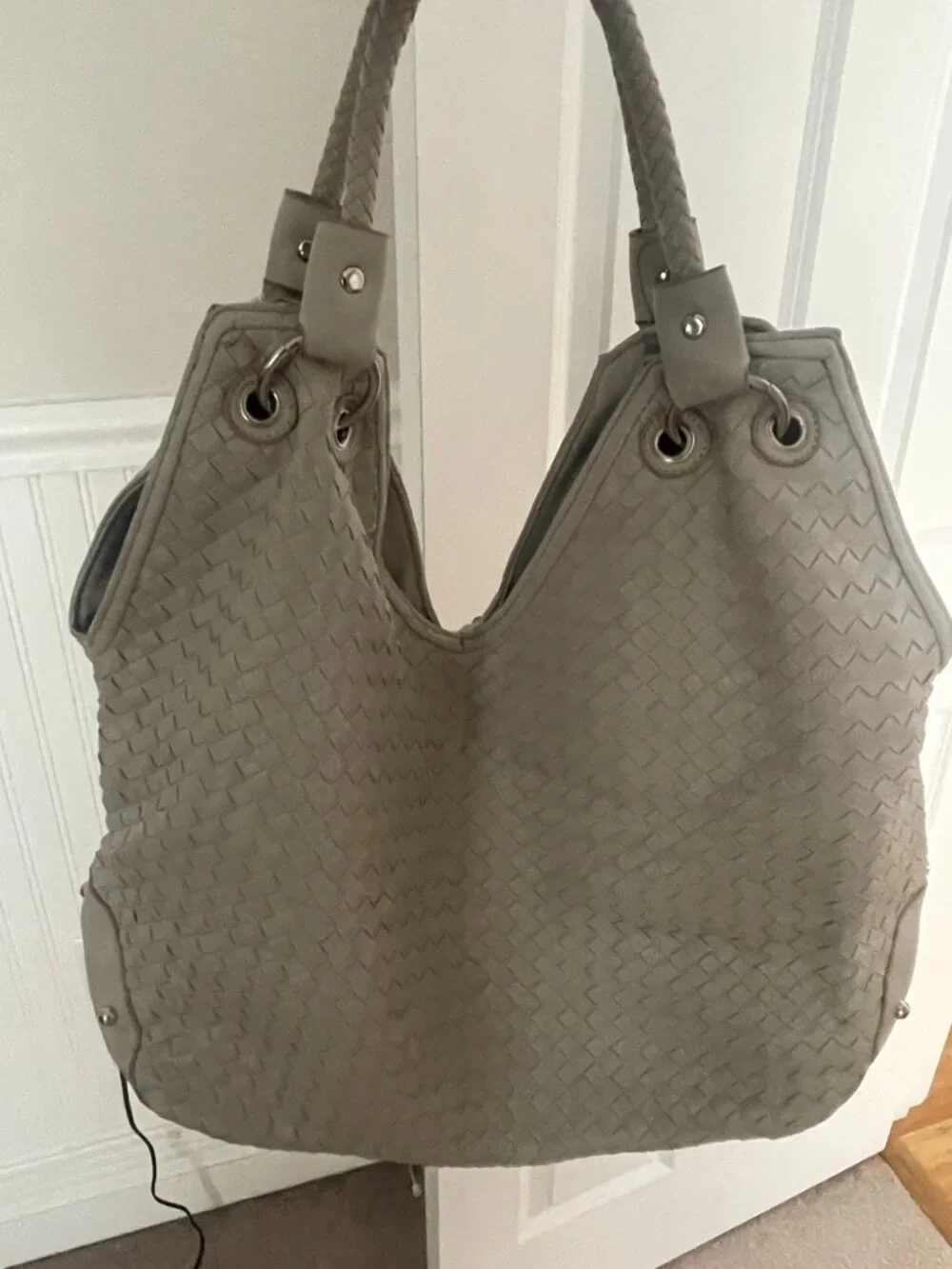 Amrita Singh Dove Grey Woven Intrecciato Slouchy Hobo Bag Tote